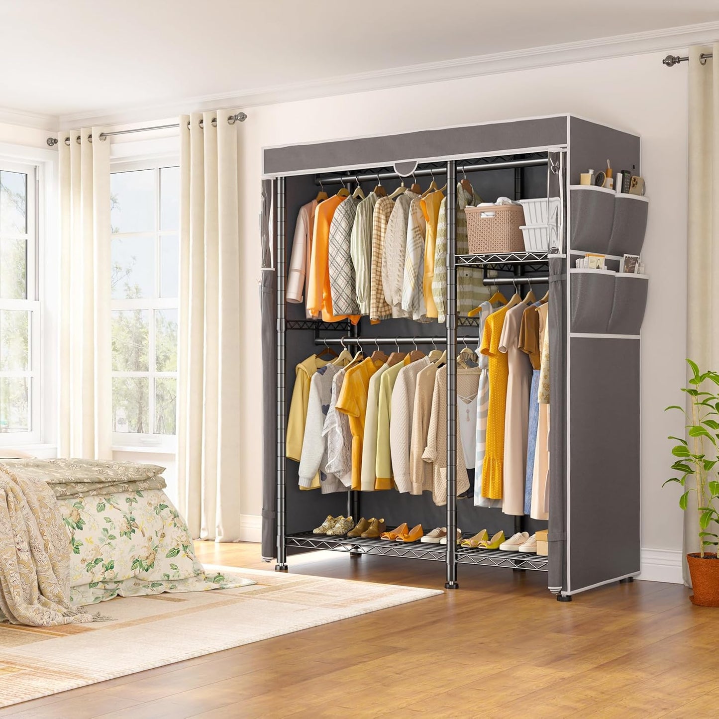 Raybee Clothes Rack with Cover,Clothing Racks for Hanging Clothes with Wheels and Adjustable Feets,Rolling Heavy Duty Garment Rack,Black