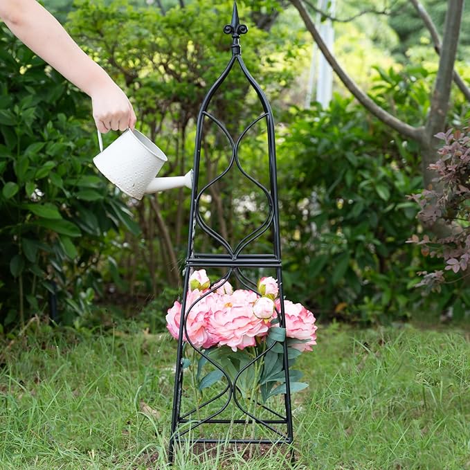 Obelisk Trellis for Garden - 38.3" x 10.03" Durable Metal Climbing Support for Roses, Vines & Flowers | Elegant Black Design with Decorative Top & Hollow Sides