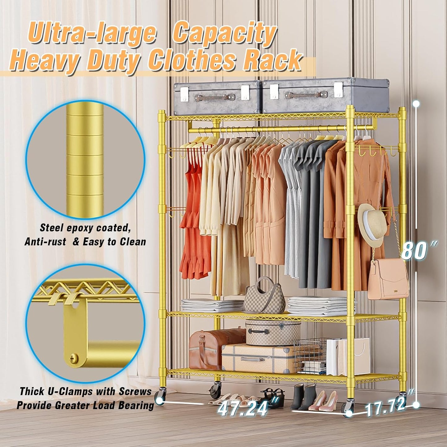 Homdox Gold Heavy Duty Clothes Rack with Wheels, 3-Tier Rolling Metal Garment Organizer with Double Hanging Rods & Hooks, Freestanding Portable Closet, 17.72" D x 47.24" W x 80.71" H