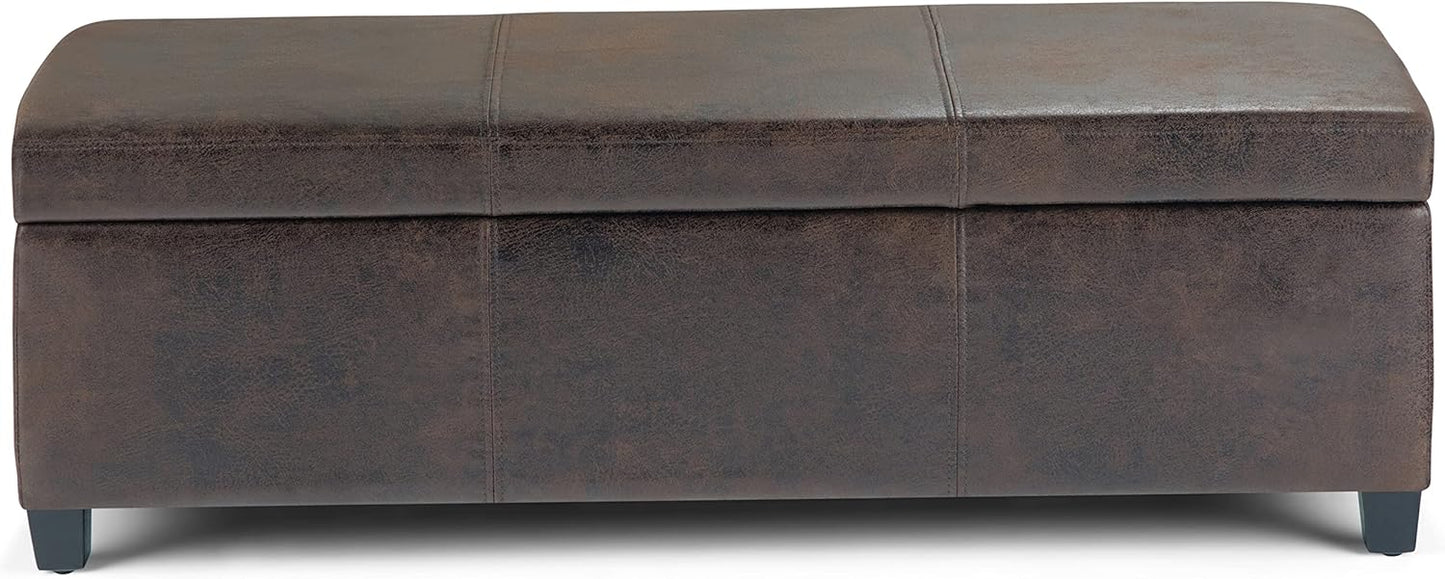 SIMPLIHOME Avalon 48 inch Wide Contemporary Rectangle Storage Ottoman Bench in Distressed Brown Vegan Faux Leather, Assembled, for the Living Room, Entryway and Family Room