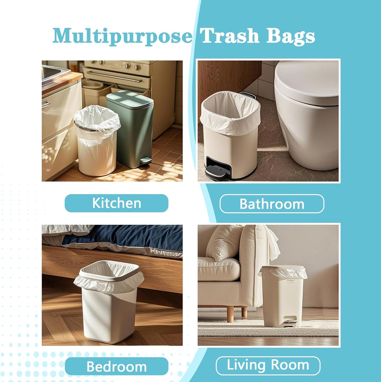 300 Count 8 Gallon Trash Bags, 13 Micron Extra Thick Medium Garbage Bags, 7-9 Gallon Unscented White Wastebasket Can Liners for Bathroom Kitchen Home Office