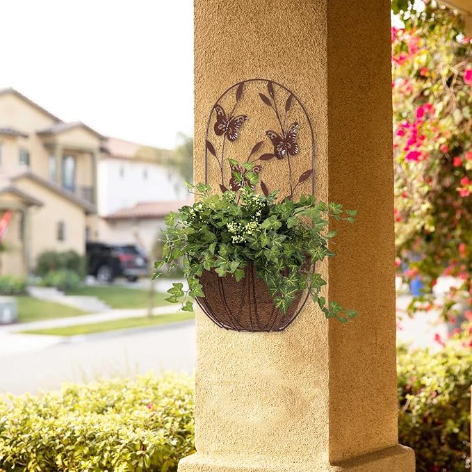 BAYN 2PK Wall Hanging Planter Decor Art with Butterfly, Metal Wall Mounted Planters Indoor Outdoor Wall Planter for Succulent Herb Home Garden Yard