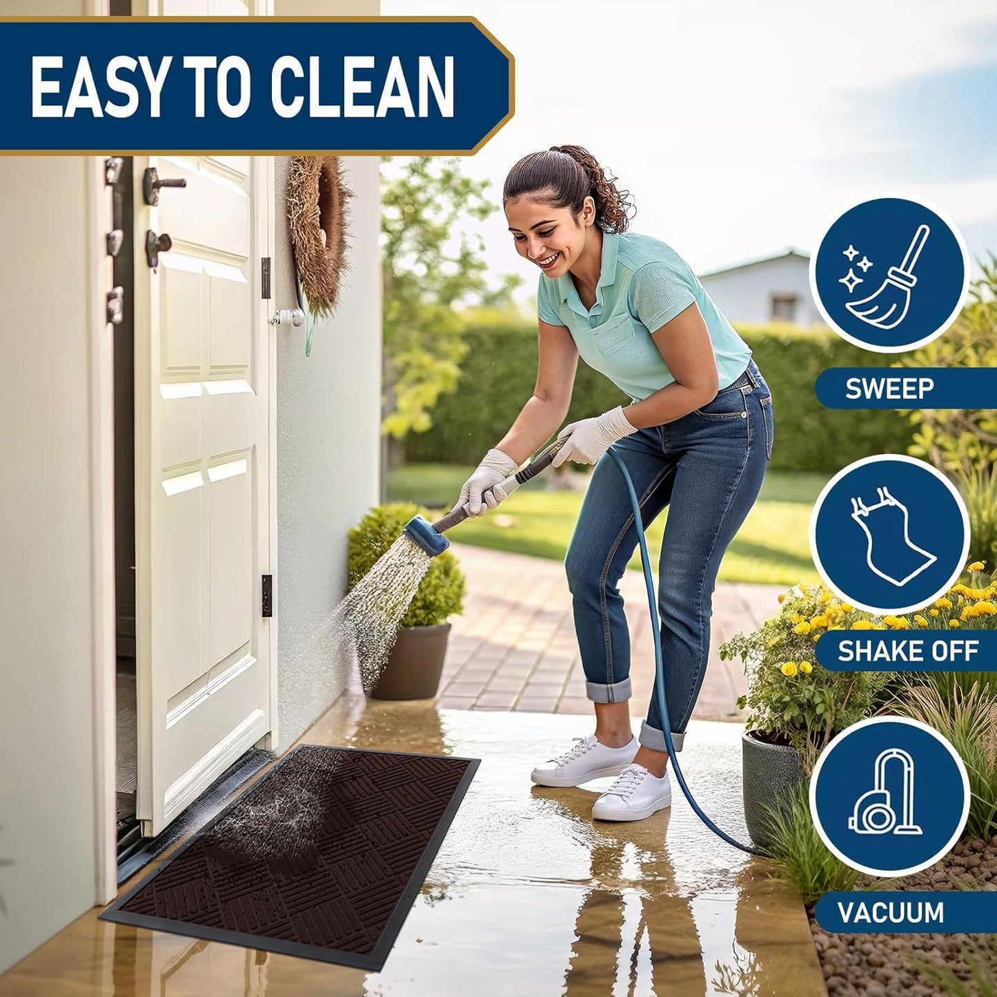 Smiry Front Door Mat Outside Entrance, Heavy Duty Outdoor Indoor Natural Rubber Doormat, Non Slip, Trap Dirt and Moisture, Easy Clean, Low Profile Patio Porch Entryway Mat, 29.5x17, Pure Brown