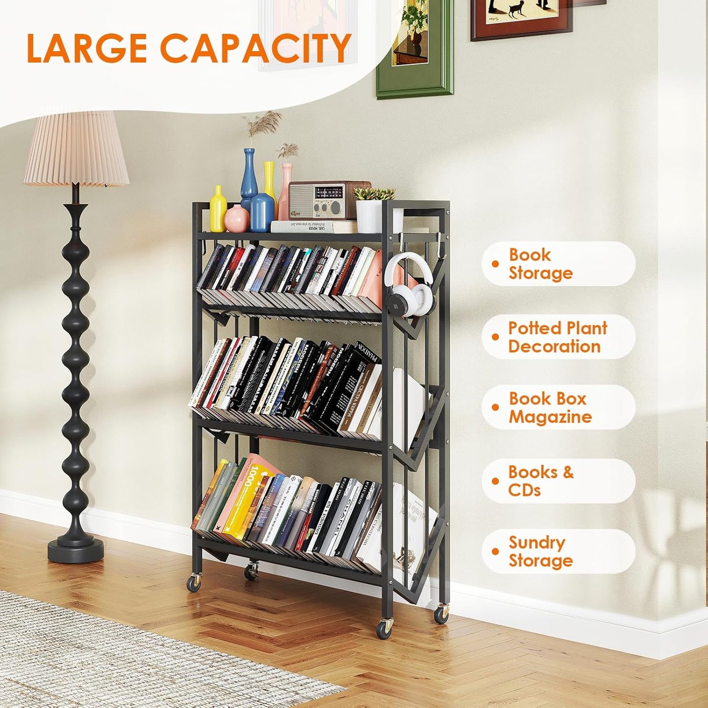 Book Carts 4 Tier 46.5x35.4x9.84 in Rolling Book Cart Large Capacity Bookshelf Storage Rack Mobile Book Storage with Wheels Cart for Home Office Living Room Classroom (Black)