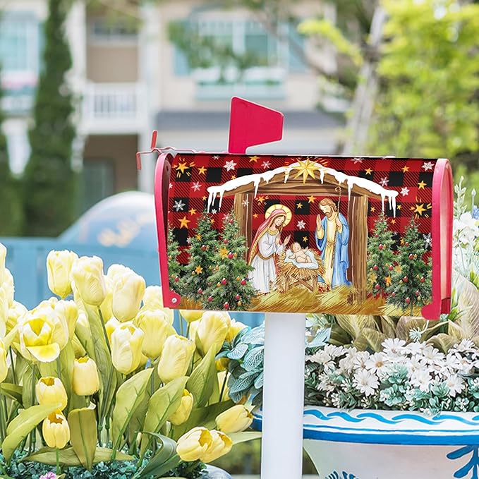 Christma Jesus Nativity Mailbox Cover Magnetic Large Size 25.5" X 21" Xmas Holly Night Letter Post Wraps Religious Christian Jesus Red Buffalo Plaid Decorative Postbox Covers for Home Garden Yard