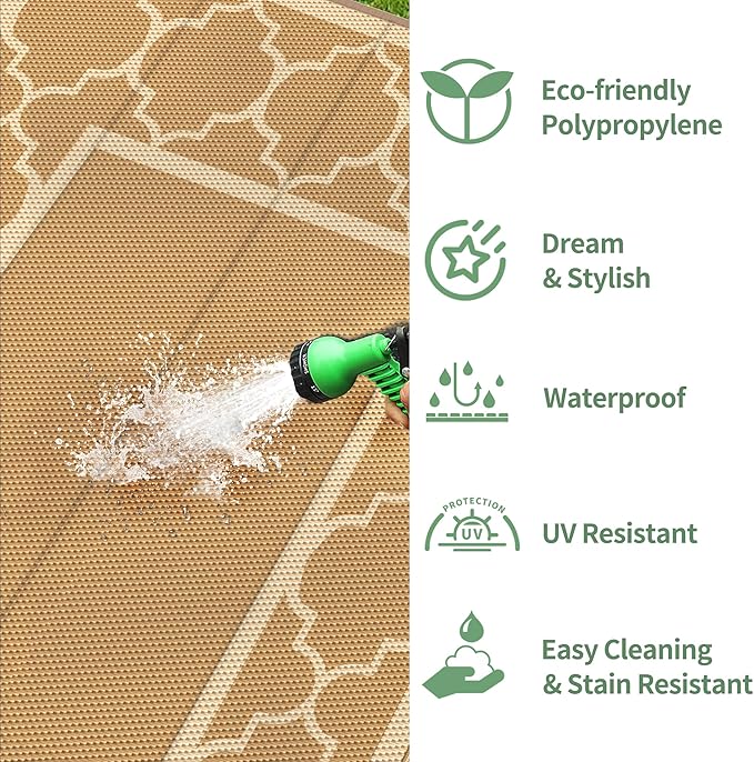 GENIMO 5' x 8' Outdoor Rug Waterproof for Patio Decor, Foldable Reversible Plastic Straw Area Rugs Mat for Camper, Outside Carpet for Rv, Deck, Porch, Picnic, Beach, Balcony, Brown & Beige