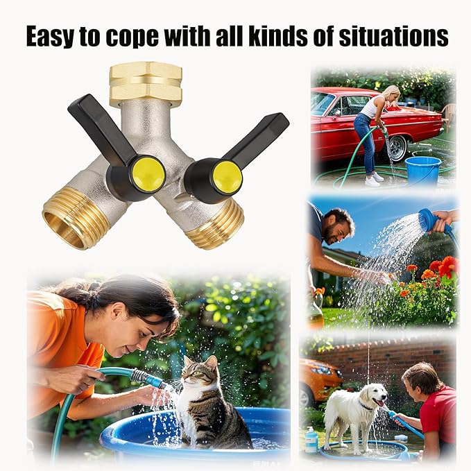 EJW Garden Hose Splitter 2-Way Heavy Duty, Y-Valve Garden Hose Faucet Splitter, 3/4” GHT Threads,Outdoor Faucet Splitter,Brass High Flow, Garden Hose Y-Splitter 2-Way,Y-Valve Full Flow Hose Splitter.