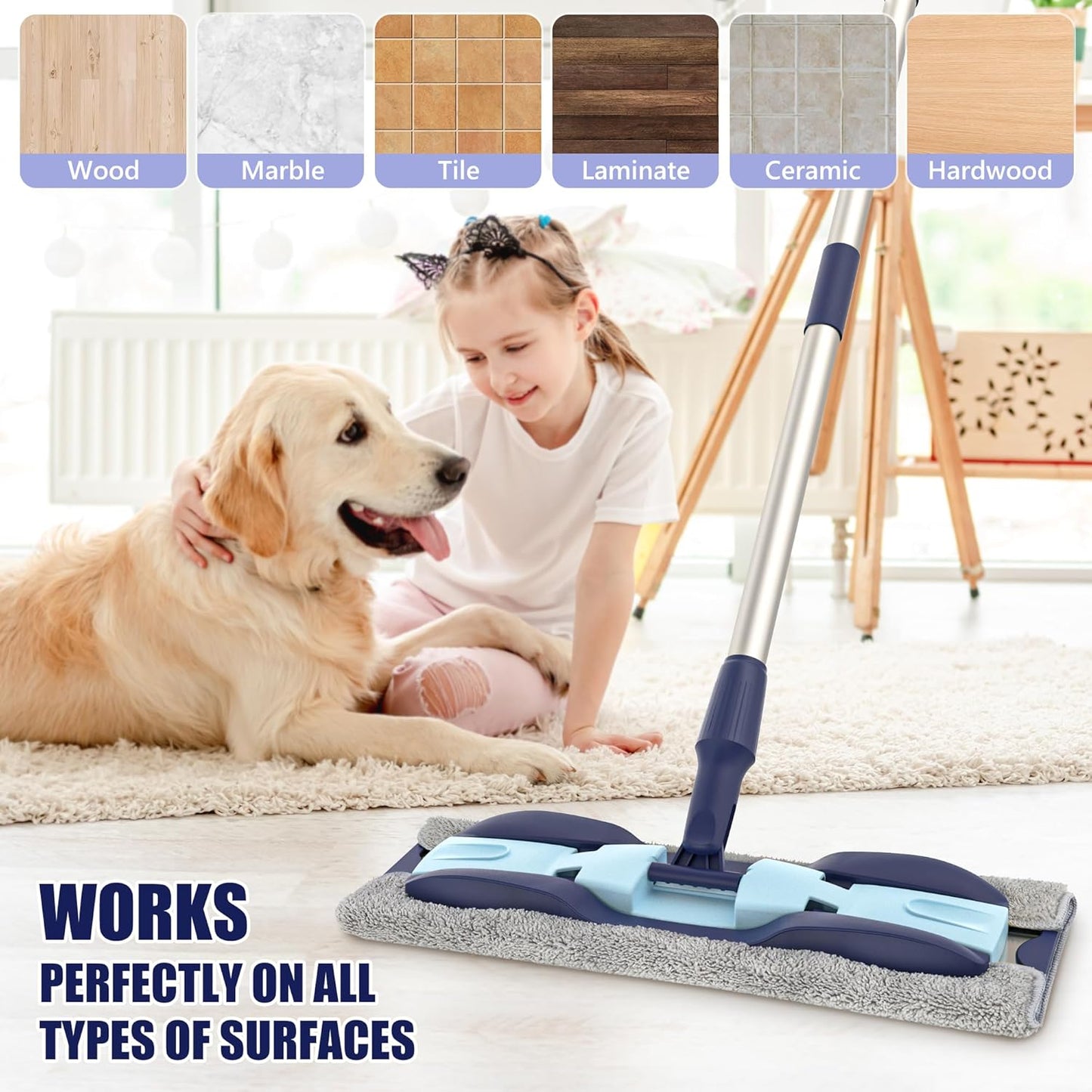 MEXERRIS Microfiber Floor Mop for Hardwood Laminate Tile Floor Cleaning: Stainless Steel Handle - 4 Reusable Flat Mop Refills and 1 Dirt Removal Scrubber Included - Dry Dust Mop Commercial Home Use