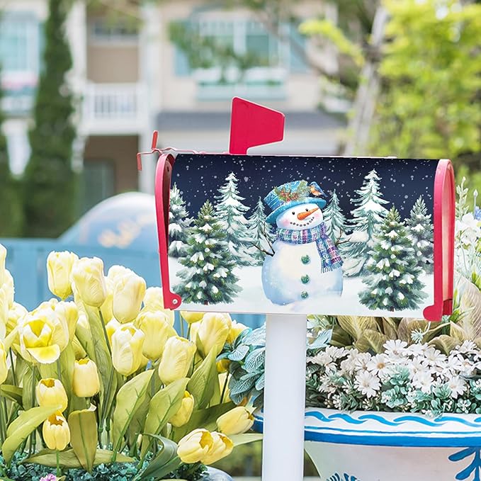 Winter Snowman Magnetic Mailbox Covers Large Size 25.5''x21'' Christma Snowy Pine Trees Forest Decorative Post Letter Box Cover Xmas Holiday Letterbox Wrap for Home Outdoor Garden