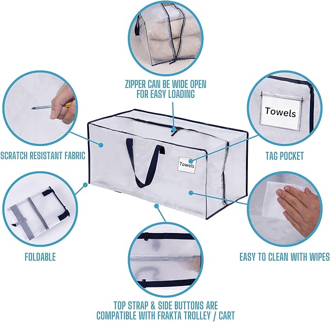 VENO 2 Pack Moving Bags w/Backpack Straps, Heavy Duty, Moving Boxes Alternative, Packing Supplies, Large Storage Totes for Dorm Room Essentials with Zipper for Clothes (Clear, 2 Pack)