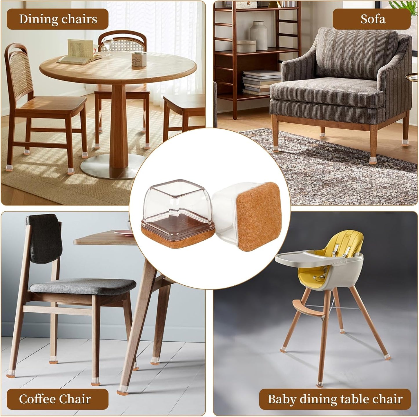 Square Chair Leg Floor Protectors Medium 24Pcs,Silicone Chair Leg Protectors for Hardwood Floors/Tiles,Clear 360°Wrapped Felt Bottom to Prevent Scratch and Reduce Noise