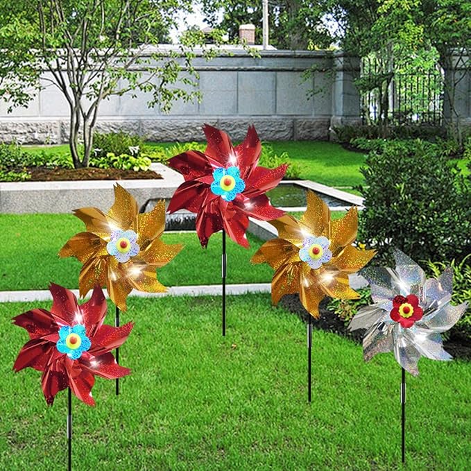 Sparkly Reflective Pinwheels with Stakes, Wind Spinners Outdoor Bird Scare Devices, Foil Pin Wheel Holographic Whirl Windmill for Yard Garden Decor Garden Wind Spinner 6 Packs - Gold