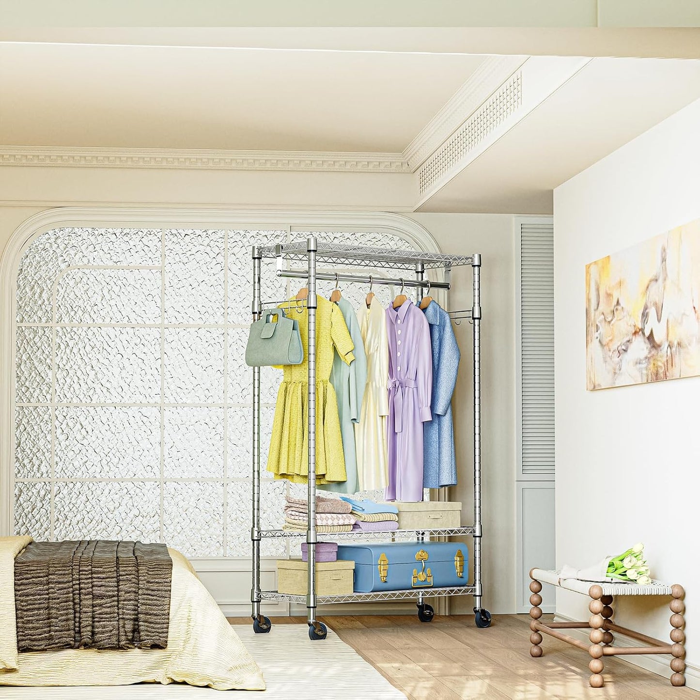 IZEUK Heavy Duty Rolling Garment Rack with 3 Adjustable Wire Shelves, Hanging Rod & Side Hooks - Mobile Clothes Rack with Wheels, 29.5" W x 15.7" D x 75" H,Chrome