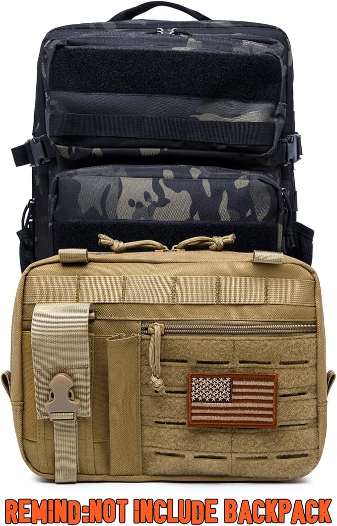 Tactical Molle Admin Pouch of Laser Cut Design,Medical EMT Organizer with Phone Pouch,EDC EMT Pack IFAK Tool Holder with US Patch (Large Brown Include Accessories)