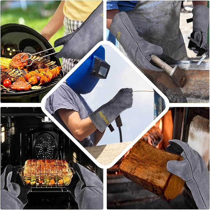 16" Leather Forge Welding Gloves, 932℉ Heat/Fire Resistant, Multi-Use Mitts for TIG/MIG Welding, BBQ, Oven, Baking, Furnace, Beekeeping, Animal Handling & Stove Safety,Ambidextrous