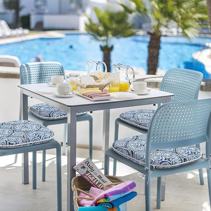 Indoor/Outdoor Chair Cushions 16x17 Inch, Patio Chair Cushions with Ties, All Weather Seat Cushions for Patio Furniture Home Garden Chair Use, Set of 2,Medallion Blue