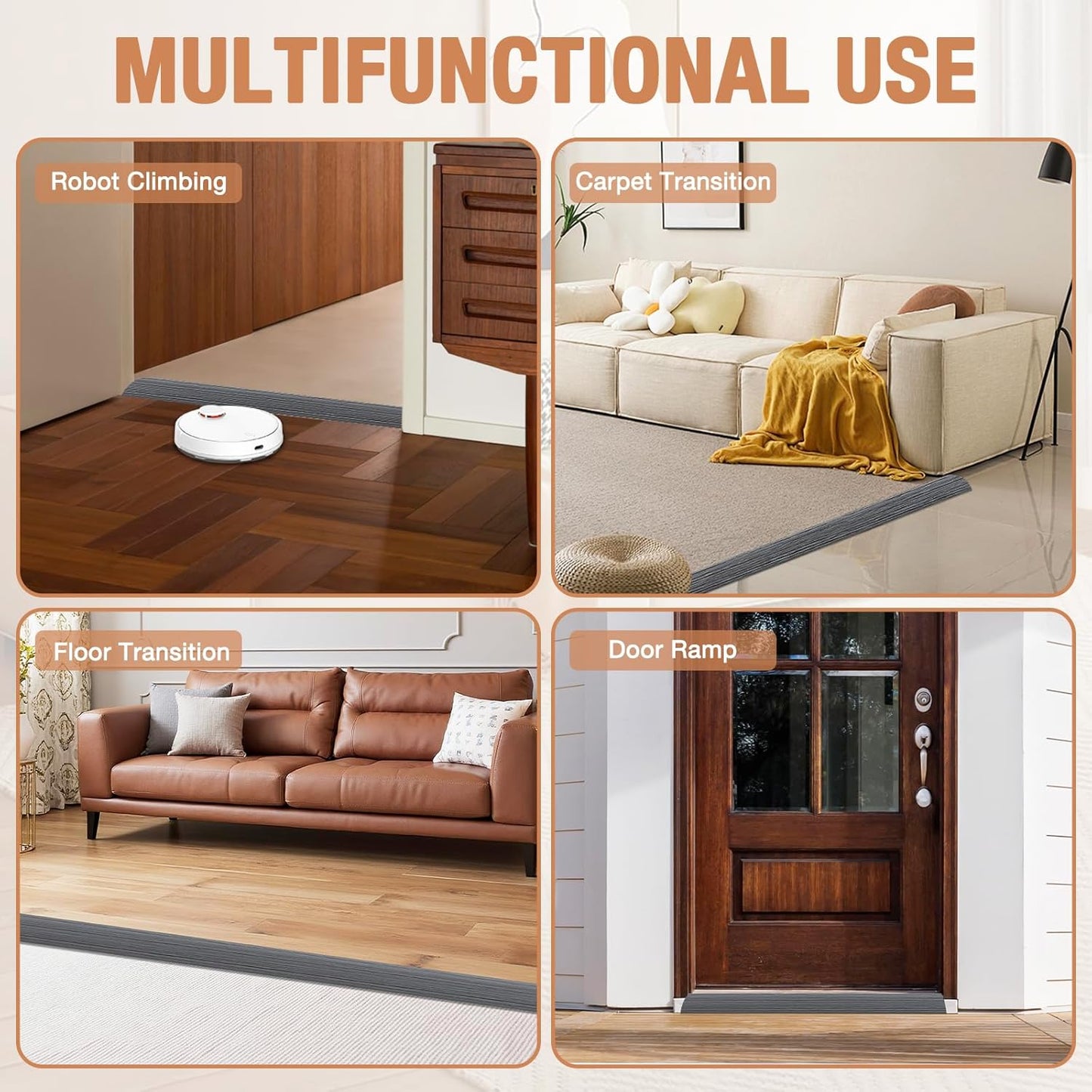 Floor Transition Strip Self Adhesive Vinyl Door Threshold for Doorways Carpet Edging Trim Overlap Edge Reducer for Laminate Floor, Carpet, Tile (Deep Gray Wood Grain, 1/5" to 2/5", 10Ft)