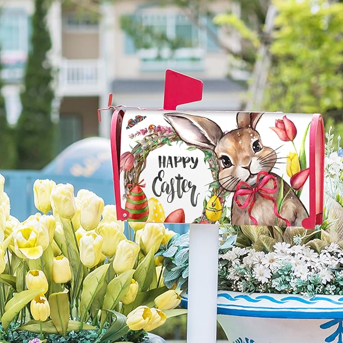 Happy Easter Bunny Magnetic Mailbox Covers Cute Rabbit with Egg Flower Wreath Decorative Mailboxes Wraps Post Letter Box Cover Standard Size 25.5x21In Spring Holiday Decor for Home Outdoor Garden Yard