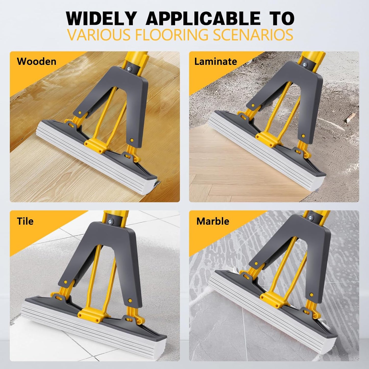 Masthome Sponge Mop,Roller Sponge Mop with 3 Absorbent PVA Mop Refills,Self Squeeze Sponge Mops and Stainless Steel Handle,PVA Sponge Mops for Floor Cleaning