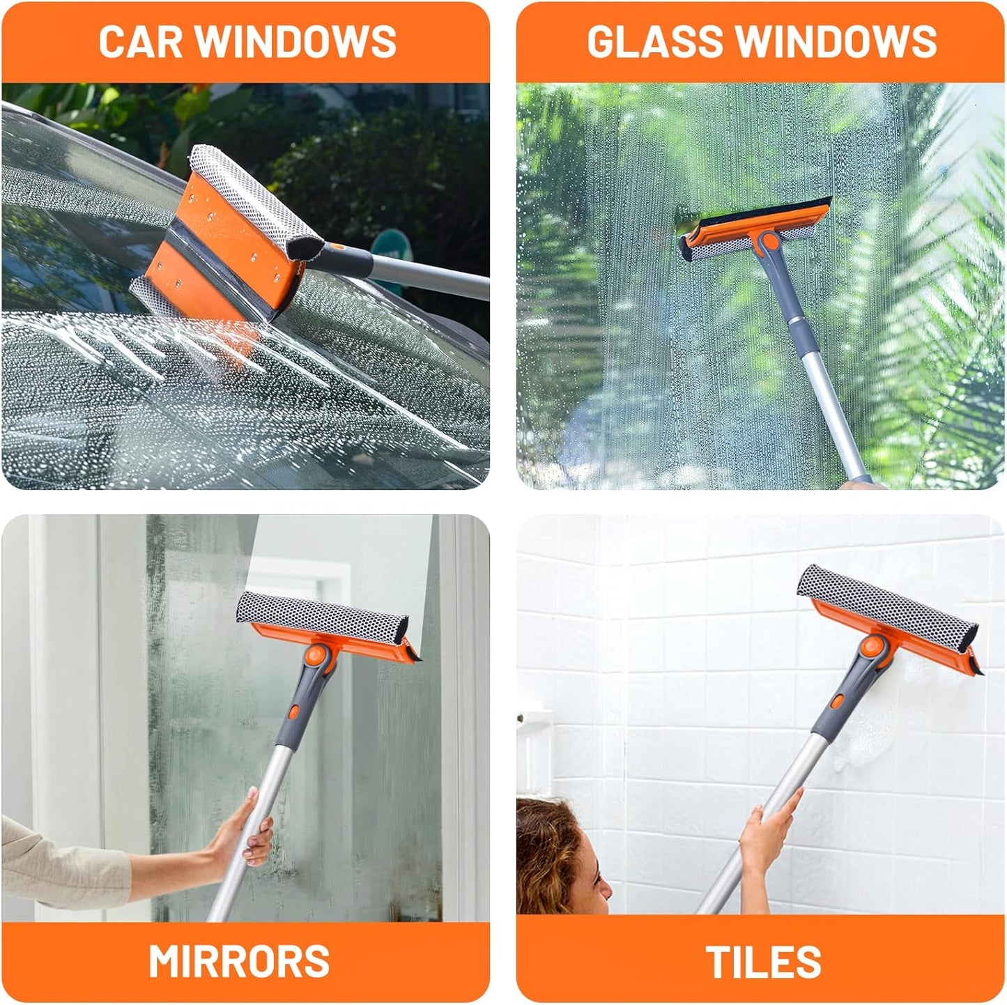 eazer Professional Window Squeegee, 2-in-1 Rotatable Squeegee for Window Cleaning Kit, Window Cleaner Tool, Window Washing Equipment Kit with Extension Pole (20''-30'') for Shower/Windshield - 2 Head