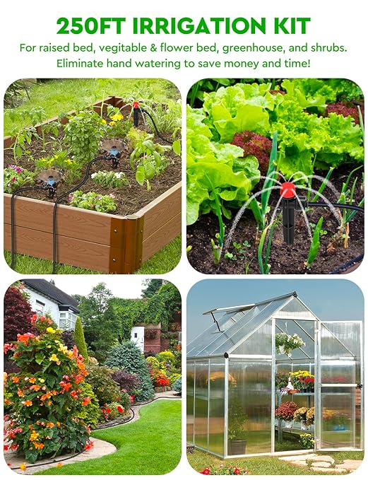 250FT Drip Irrigation System for Garden - 50FT 1/2" Main Tube & 200FT 1/4" Branch Tubing, Brass Splitter, Quick Connect Design, Perfect for Outdoor Plants, Raised Beds, Greenhouses