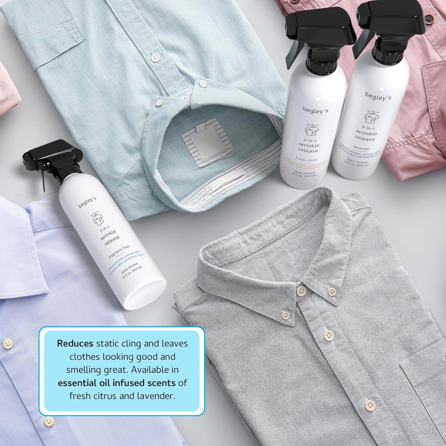 Begley's 3-in-1 Wrinkle Remover, Quick Fix Wrinkle Release, Static Cling Remover, Odor Eliminator and Fabric Refresher Spray - USDA Certified Biobased - Citrus, 16 oz