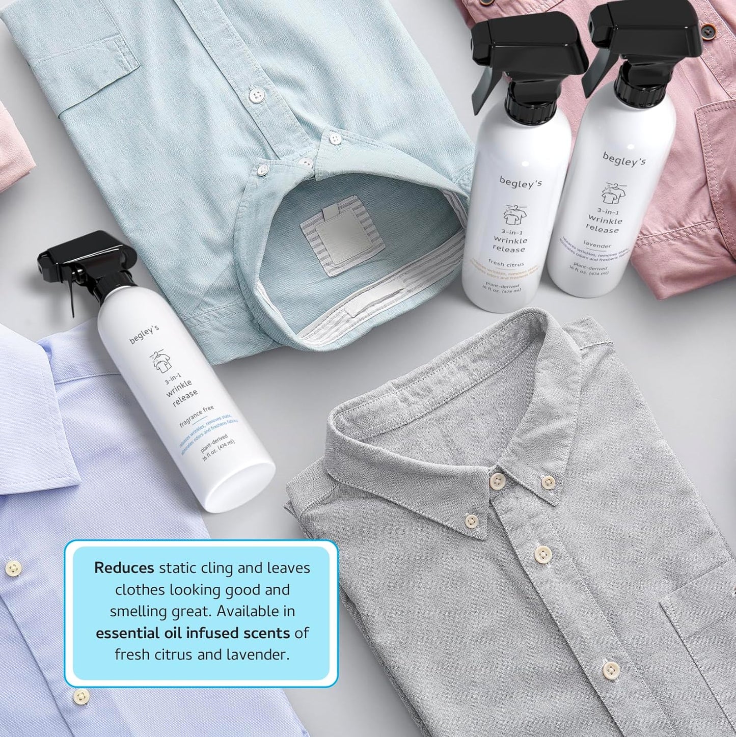 Begley's 3-in-1 Wrinkle Remover, Quick Fix Wrinkle Release, Static Cling Remover, Odor Eliminator and Fabric Refresher Spray - USDA Certified Biobased - Citrus, 3 oz Travel Size