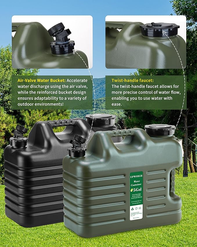 UPWOIGH 5 Gallon Water Jug, Thickened Water Storage Overlanding Gear Containers, Camping Essential Truly Leak-Proof Green Water Tank,BPA Free Portable Emergency Water Can for Outdoors Hiking RV