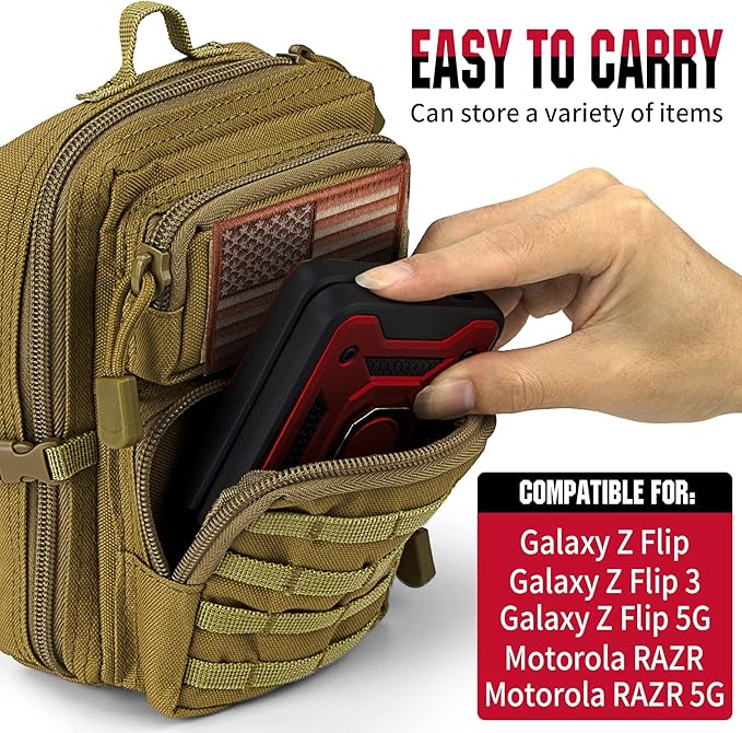 bvya Tactical Molle EDC Utility Pouch Compact Tool Pouch Mini Waist Bag Crossbody Backpack-Design Phone Pouch with Shoulder Strap Flag Patch and D-Rings