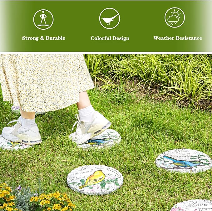 Sungmor 3PC Pretty Garden Stepping Stones, 9.5" Large Concrete Decorative Stones with Beautiful Pattern, Unique Outdoor Lawn Accents, Yard Walkway Flower Bed Wall Shelf Welcome Friends Decorations