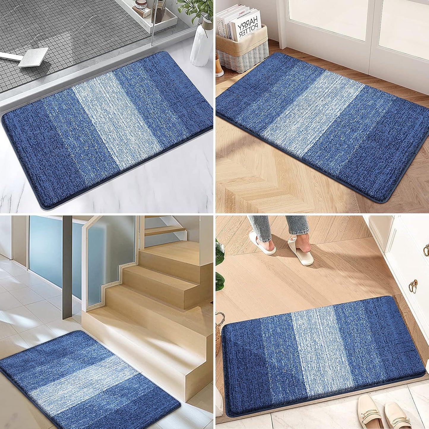 Kitinjoy Indoor Outdoor Door Mat, 47x20 Non-Slip Absorbent Dirt Trapper, Low-Profile Washable Inside Entrance Front Floor Mat, Sturdy Soft Entry Doormats for Entryway, Navy Blue