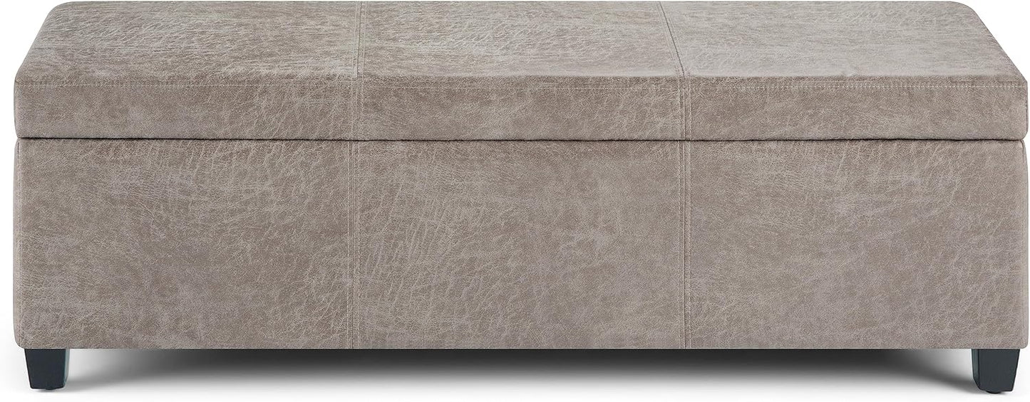 SIMPLIHOME Avalon 48 inch Wide Contemporary Rectangle Storage Ottoman Bench in Distressed Grey Taupe Vegan Faux Leather, Assembled, for the Living Room, Entryway and Family Room