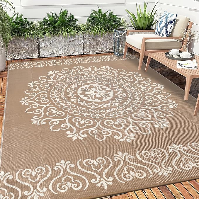 Pauwer Waterproof Outdoor Rug 9x12, Reversible Plastic Straw Patio Camping Rug, Indoor Outdoor RV Mat Carpet for Deck, Camper, Porch, Balcony, Backyard, Picnic, Floral Brown