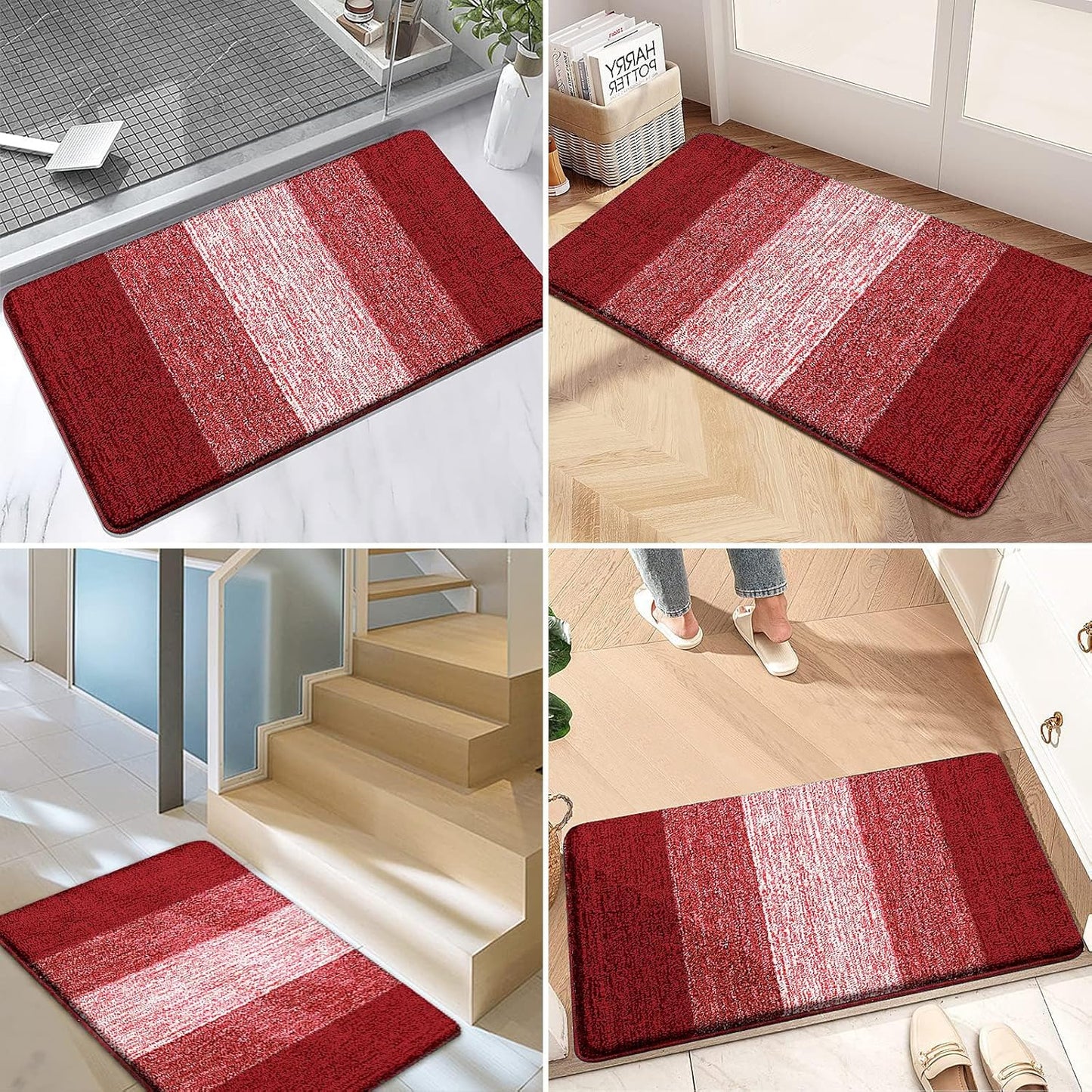Kitinjoy Indoor Outdoor Door Mat, 40x32 Non-Slip Absorbent Dirt Trapper, Low-Profile Washable Inside Entrance Front Floor Mat, Sturdy Soft Entry Doormats for Entryway, Burgundy