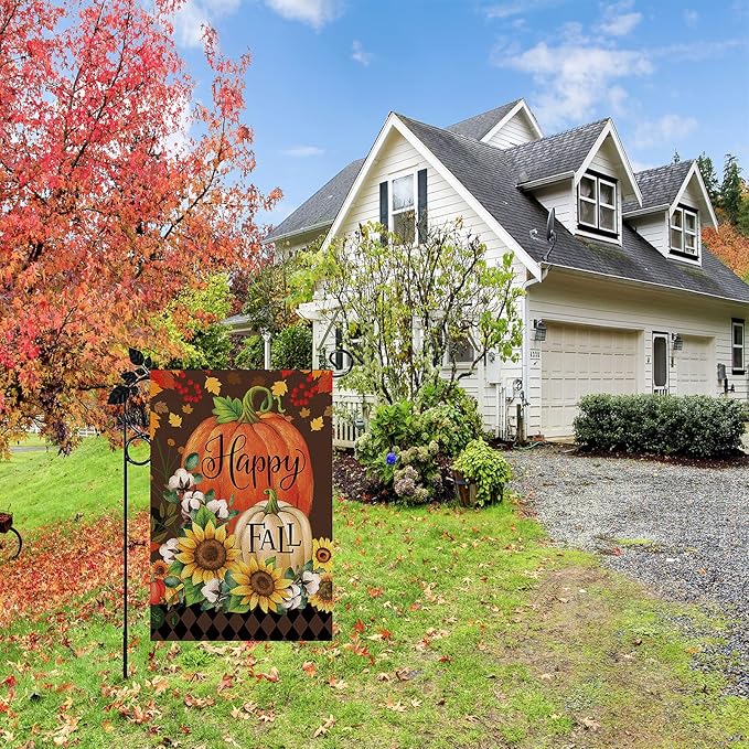 Happy Fall Garden Flag Burlap Autumn Vertical Double Sided Fall Thanksgiving Pumpkin Garden Flag Yard Outdoor Decoration 12.5 X 18 Inch