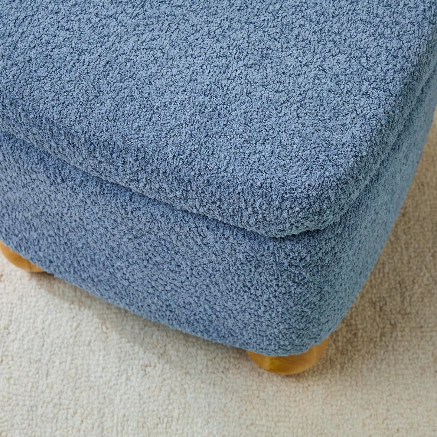Walker Edison Linley Contemporary Small Storage Bouclé Ottoman with Wood Legs, Soft Blue