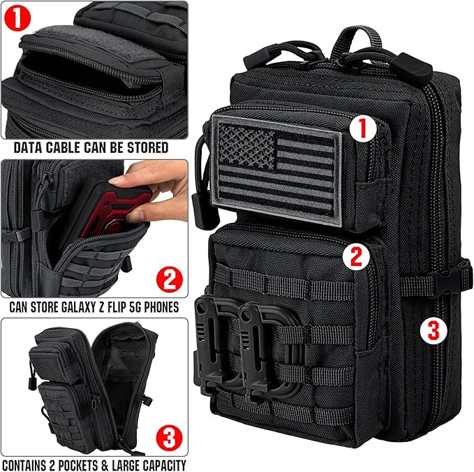 bvya Tactical Molle EDC Utility Pouch Compact Tool Pouch Mini Waist Bag Crossbody Backpack-Design Phone Pouch with Shoulder Strap Flag Patch and D-Rings