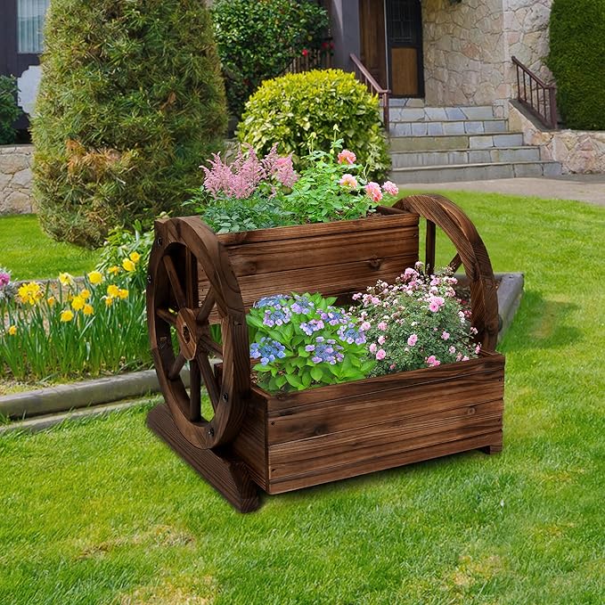 2PCS Wooden Wagon Planter Box, Garden Planter with Wheels,Decorative for Flowers Herbs Vegetables for Indoor & Outdoor Decor,Wooden Flower Cart for Patio Garden Balcony