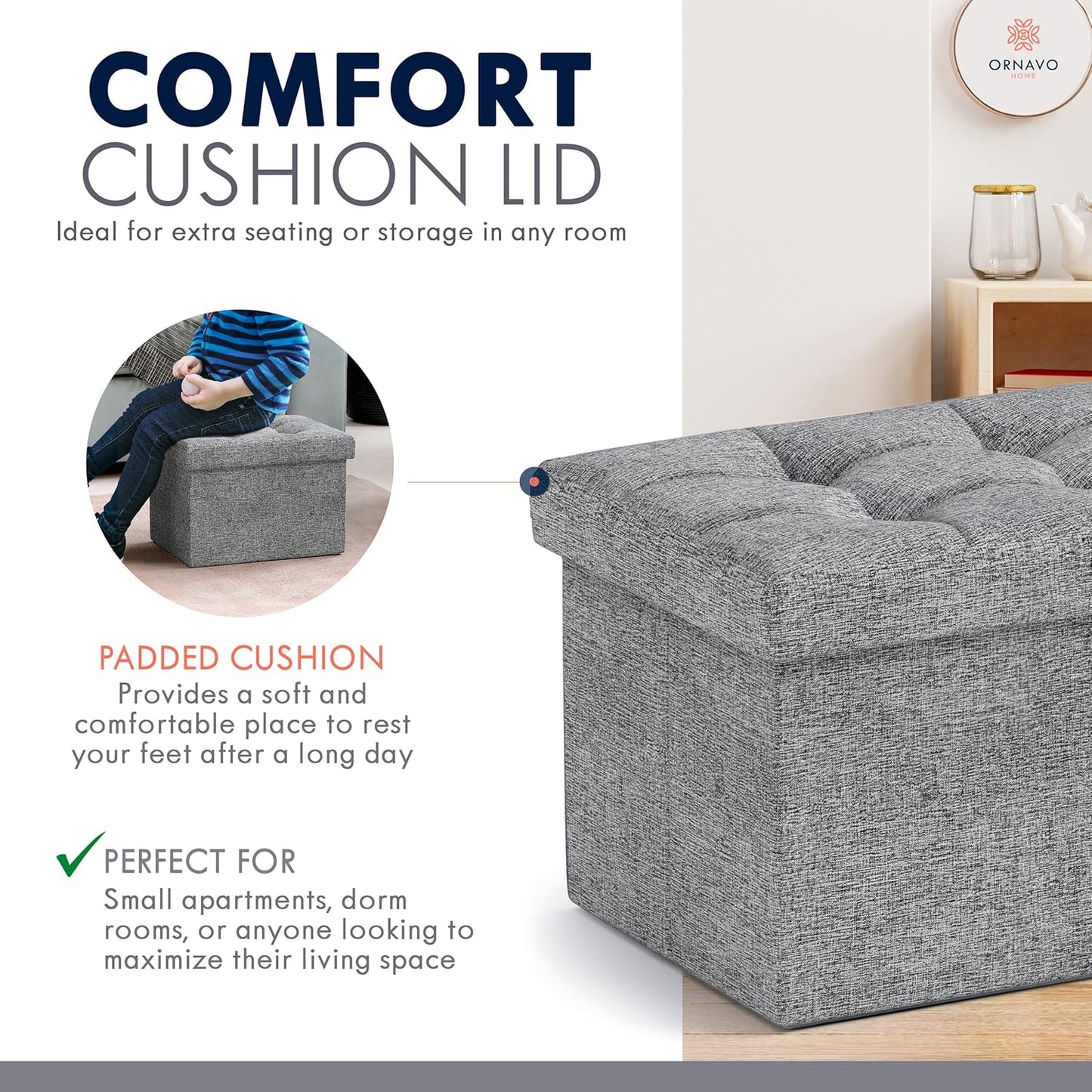 Ornavo Home Small Storage Ottoman, Set of 2, Foldable Collapsible Rectangle Linen Ottoman Foot Rest Stool Seat, for Living Room, Bedroom, Home Office, Dorm - 12 x 16 x 12, Gray