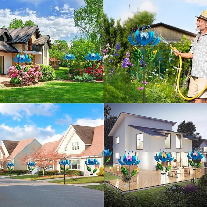 Solar Wind Spinner, 38 Inch Metal Stake Yard Spinners,Solar Powered Multi-Color LED Glass Ball with Kinetic Wind Sculpture Spinner Windmills for Yard