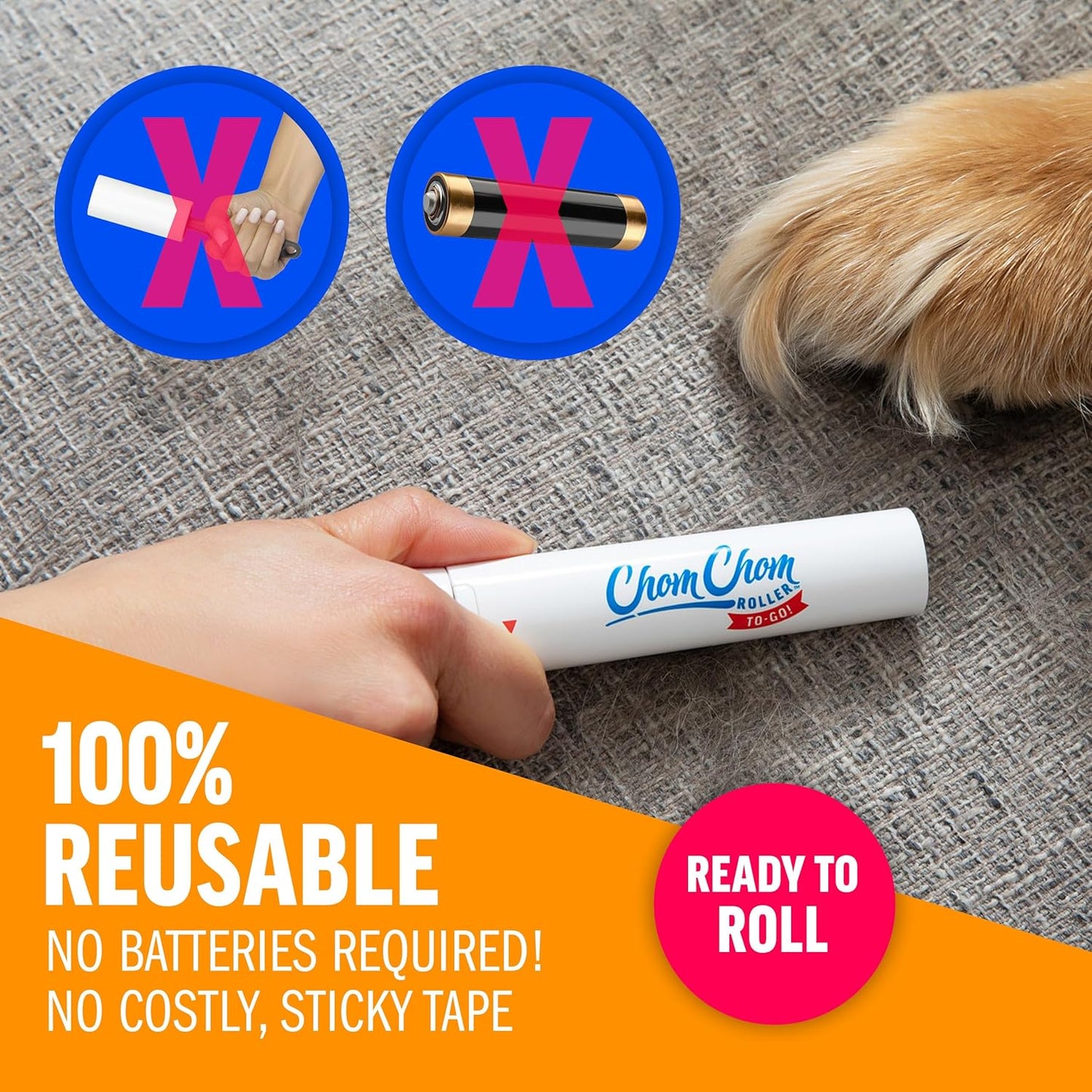ChomChom Roller for Pet Hair - Reusable Lint Roller Pet Hair Removal Tool for Clothes, Couches, Cars and Travel - Cat Dog Hair Remover, Compact, No Sticky Refills Needed (Travel Togo)