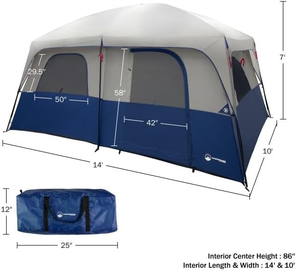 10 Person Camping Tent - Large Outdoor Tent with Room Divider and Rainfly - Family Camping House with 2 Doors and 4 Screen Windows by Wakeman Outdoors (Navy)