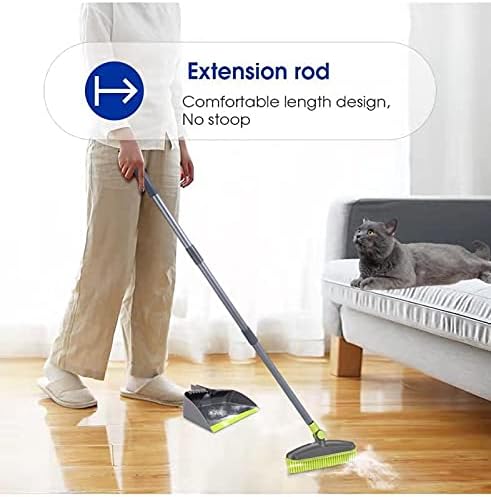 Adjustable Rubber Push Broom and Dustpan Set,Self Cleaning Indoor Outdoor Angle Brooms with Dust pan for Home,Long Handle for Floor Sweeping, Kids,Carpet Dog Cat Pets Offices Use