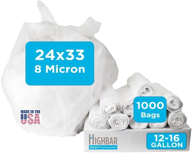 16 Gallon Trash Bags - 8 micron, 1000 Per Case, 24" x 33", 20 Rolls of 50, High Density Clear Trash Can Liners, Ideal for Small Wastebaskets in Office, and Bathroom Use