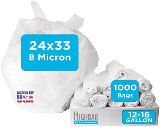16 Gallon Trash Bags - 8 micron, 1000 Per Case, 24" x 33", 20 Rolls of 50, High Density Clear Trash Can Liners, Ideal for Small Wastebaskets in Office, and Bathroom Use