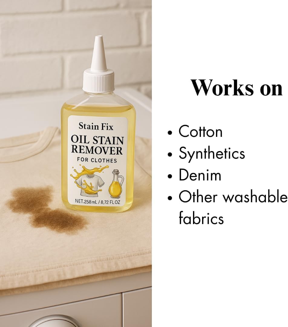 Instant Oil Stain Remover for Clothes (8.72oz) - Fabric Stain Remover For Cooking, Engine, Dried Oil And Grease Stains - Safe for All Fabric Types