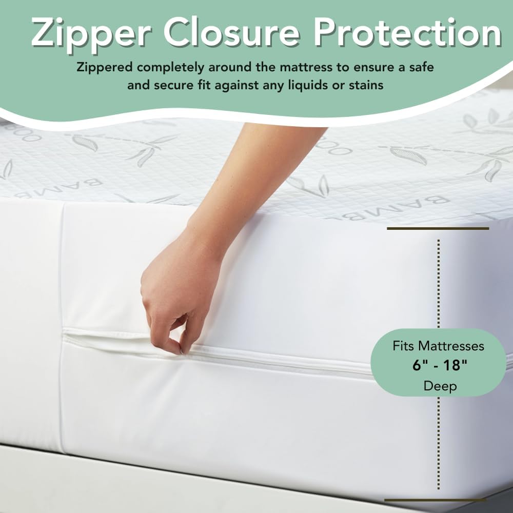 Bamboo Rayon Mattress Protector with Zipper + 2 Pillow Protectors - 100% Waterproof Cooling Cal King Size Cover - Ultra Soft Fabric Breathable Noiseless Mattress Pad Covers Zippered Encasement
