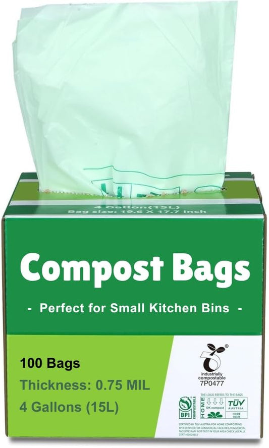 Primode 100% Compostable Bags, 4 Gallon (15L) Food Scraps Yard Waste Bags, Extra Thick 0.75 Mil. ASTM D6400 Compost Bags Small Kitchen Trash Bags, 100 Count Certified by BPI & TUV EU