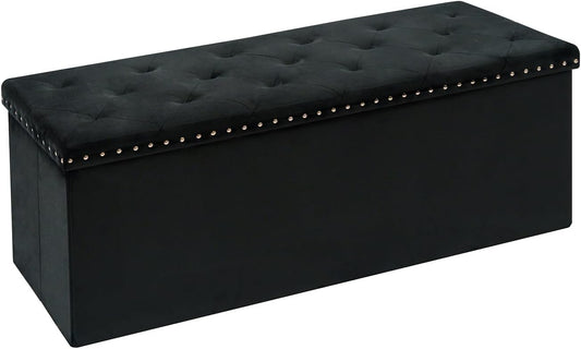 Velvet Storage Ottoman Bench, 43.3" Folding Ottoman with Rivet Trim, Heavy-Duty Upholstered Entryway Bench, Sturdy Footrest and Seat for Bedroom, Living Room, Holds up to 660 LBS, Black