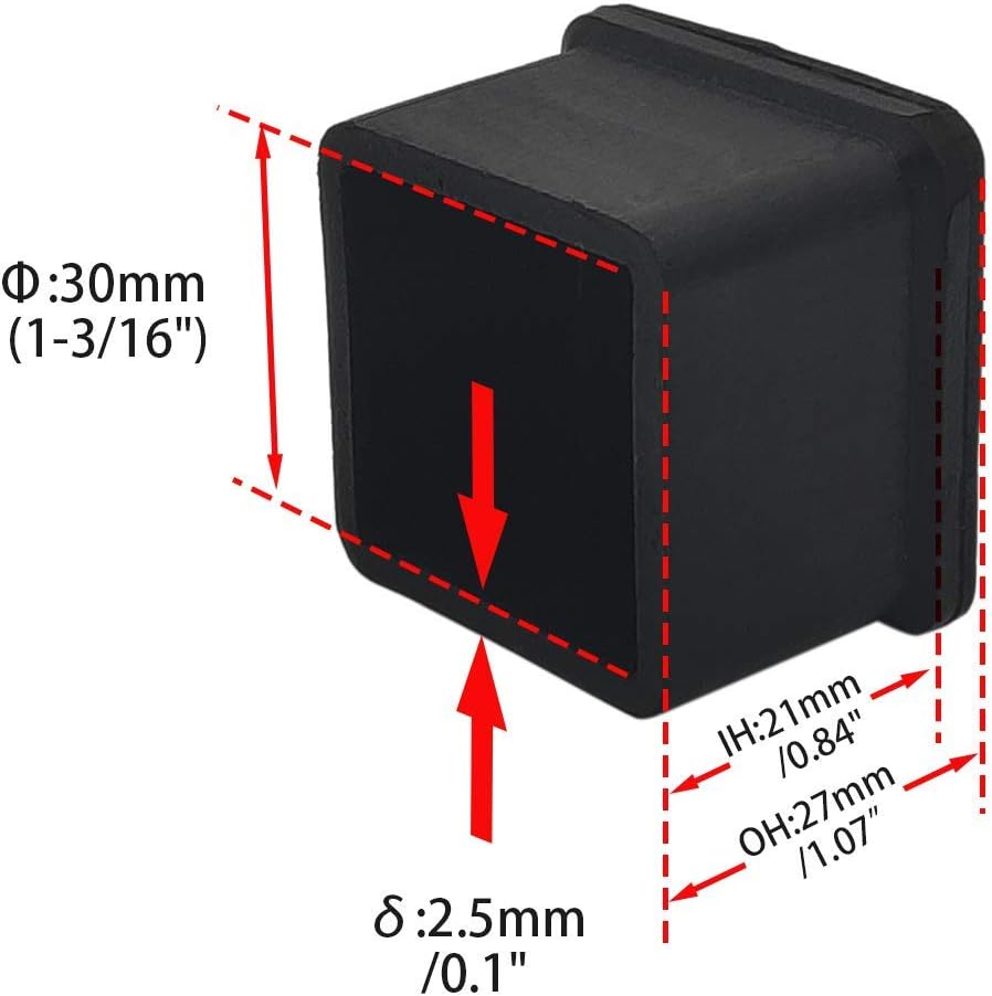 Flyshop 20PCS Non-Slip Rubber Leg Tips Floor Protectors Square Chair Leg Caps, 30mm x 30mm, 1-3/16" x 1-3/16", Black